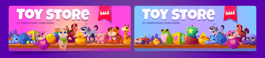 Kids toys sale in baby store. Posters with plush animals, car and ship on wooden shelves in shop. Vector banners with cartoon illustration of cute children toys, bear, dog robot and blocks
