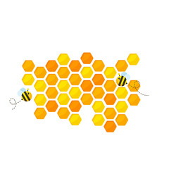 Hexagonal golden yellow honeycomb pattern paper cut background with bee and sweet honey inside.