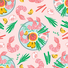 Stylish seamless pattern with plates of food. Seafood, mushrooms, vegetables. Vector background, print, design.