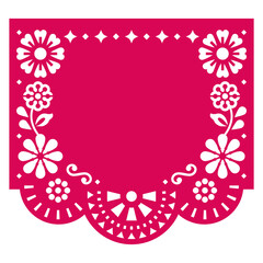 Papel Picado vector template design with flowers and geometric shapes, Mexican cutout paper garland decoration, blank space in the middle
- 525778815