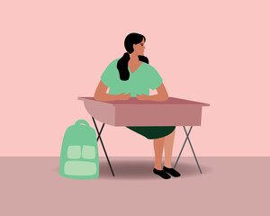 Child or student at school desk is isolated, flat vector stock illustration with girl with school bag