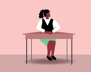 African girl or child at school desk is isolated, flat vector stock illustration as concept of black life matters