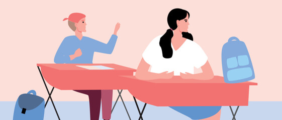 Students at desk in classroom at school, college, university, flat vector stock illustration as concept of learning and education