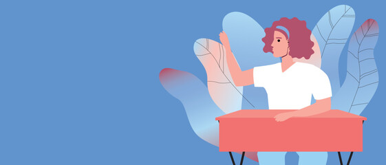 Girl at desk in classroom at school, flat vector stock illustration or copy space template for design