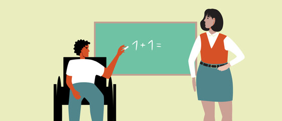 Teacher and disabled student in wheelchair at chalk board in inclusive lesson, flat vector stock illustration