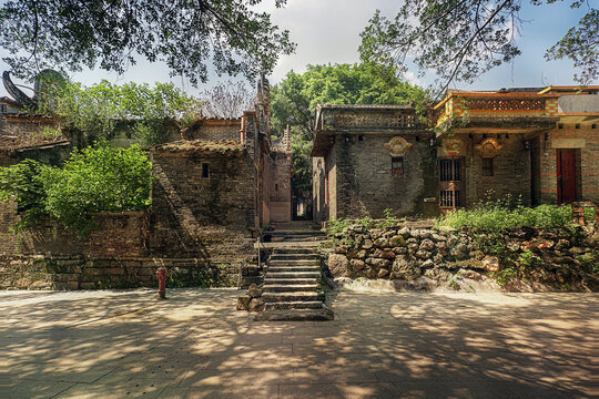 Foshan city, Guangdong, China. Shishan Libian ancient village with a history of 800 years, a collection of Ming and Qing cultures, Lingnan architecture, water town and gardens.