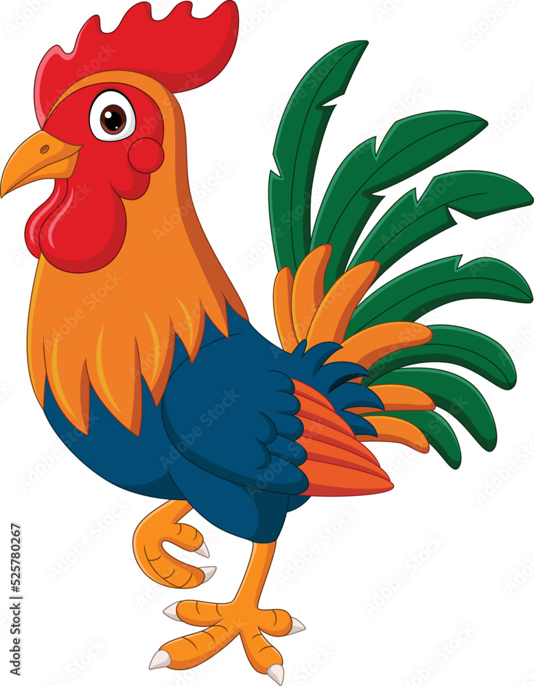 Wall mural cartoon funny rooster on white background