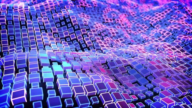 4k cube landscape background with many animated wave grid meshes with lights in blue and red metaverse cyber