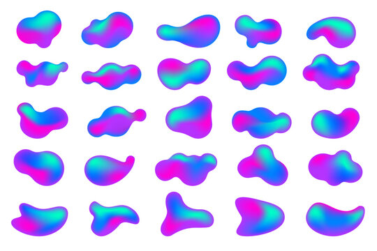 Gradient blop shapes set. Abstract organic random forms. Liquid fluid backgrounds. Amoeba bubbles and splashes. Vector memphis elements.