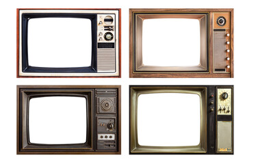 Old retro TV set isolated on white background. Mix four vintage televisions with blank screen.