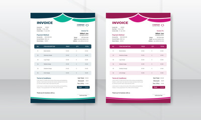 Creative and Unique abstract style business invoice template. Invoice layout template paper sheet include accounting, price, tax, and quantity with color variation vector illustration