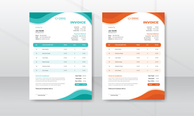 Unique and modern abstract gradient style business invoice template with color variation vector invoice layout template paper sheet include accounting, price, tax, and quantity.