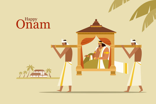 Conceptual illustration of men carrying King 'Mahabali'on a litter. Concept for Onam Festival in Kerala, India