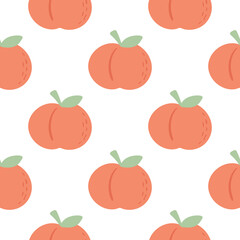 Hand drawn peaches seamless pattern vector illustration. Summer fruit background. Print red peaches with leaves on white backing. Model for textile, packaging and design