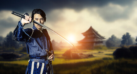 日本の城郭と刀を抜くサムライ　時代劇イメージ　戦国時代