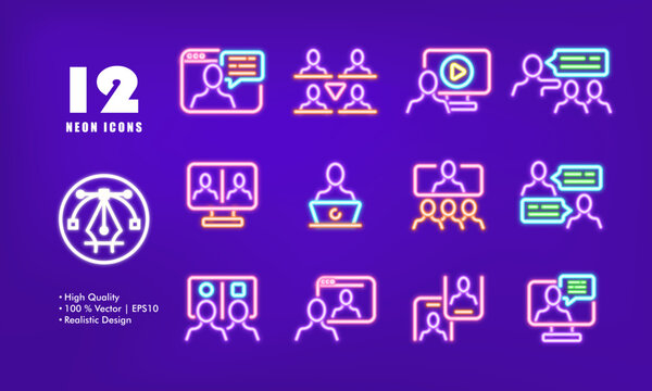 Online conference set icon. Remote work, distance learning, intrenet meeting, computer, website, speech bubble, laptop, phone. Means of communication concept. Neon glow. Vector line icon for Business