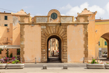 Historical entrance gate to the old Portoferraio town. Province of Livorno, Island of Elba, Italy