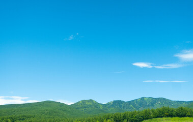 Fototapeta na wymiar 嬬恋高原の夏の青空と緑の山々