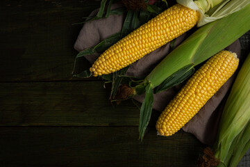 Top view of fresh sweet corn cob on wooden background