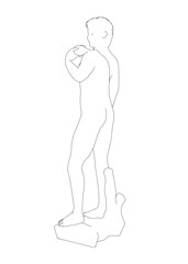 The outline of the statue of David from black lines isolated on a white background. Back view. Vector illustration.