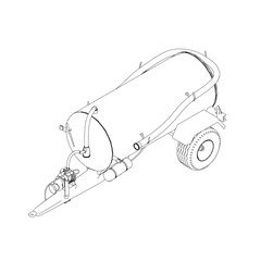 Outline of a trailer with a tank from black lines isolated on a white background. Isometric view. Vector illustration.
