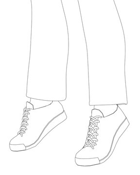 The contour of the legs of a man in sneakers and pants from black lines isolated on a white background. Side view. Vector illustration.