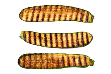 Long slices of grilled zucchini isolated on white background.