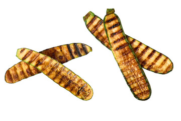 Long slices of grilled zucchini isolated on white background.