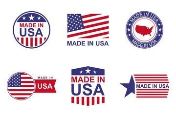 Made in USA labels set. Product manufactured in the United States of America icon patriotic signs. American quality business and national theme. Americans banners templates. Vector illustration