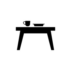 dining table, table with cup and plate icon in black flat glyph, filled style isolated on white background