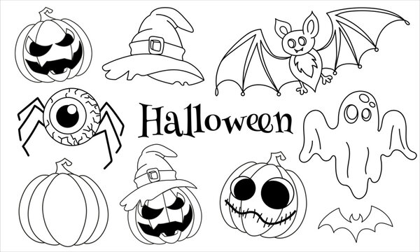 Halloween set vector illustration. Gost , bat , pumpkin, witch hat and  spider eye doddle halloween art with isolated background for your design, print, postcard, poster, book decoration. 