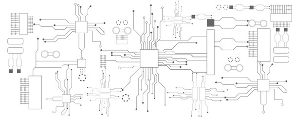 Back and white circuit electronic or electrical line with circle engineering technology concept vector background