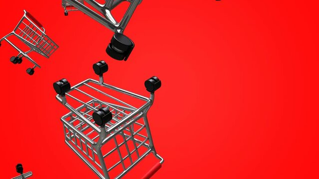 Silver shopping carts on red background.
3D animation for background.