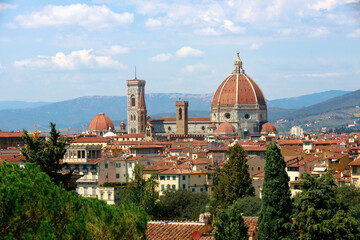 Fototapeta na wymiar Beautiful view of the picturesque city of Florence and the Basilica di Santa Maria del Fiore (Basilica of Saint Mary of the Flower). Florence, Central Italy, Tuscany region