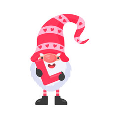 Dwarfs or gnomes hold pink heart balloons. For valentine's day greeting card