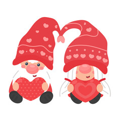 Dwarfs or gnomes hold pink heart balloons. For valentine's day greeting card