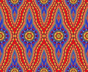 Illustration ethnic west African dashiki colorful abstract floral shape seamless pattern on red background. Use for fabric, textile, interior decoration elements, upholstery, wrapping.