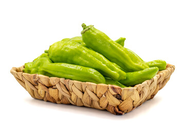 Sweet green peppers. Green pepper in basket isolated on white background. Vegetable, healthy vegan food. close up