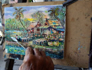 Art painting Oil color Hut    Thailand Countryside