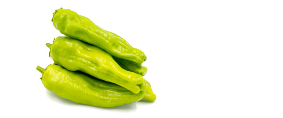 Sweet green peppers. Green pepper isolated on white background. Vegetable, healthy vegan food. Copy space. Space for text