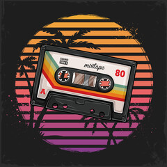 Hand drawn vintage music cassette against retro sunsets with palms, audiotapes music and records
