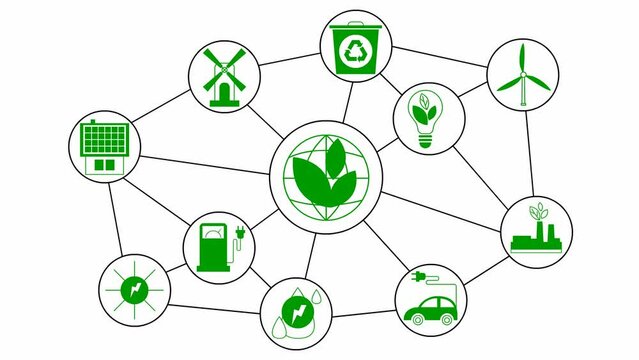 Animated flat eco icons in the white circles. Flat green symbols for sustainable energy, renewable energy, green technology, ecology care. Vector illustration on white background.