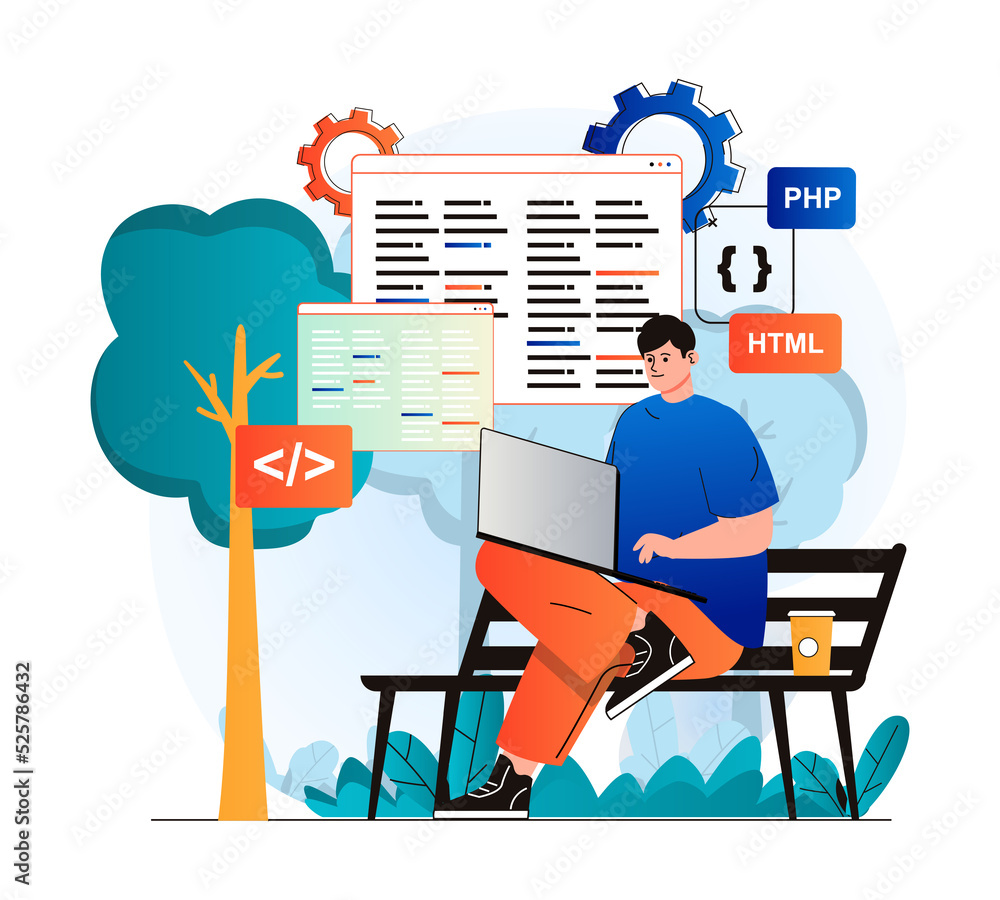 Poster Freelance working concept in modern flat design. Man developer works at laptop while sitting on park bench. Programmer coding code, programming and developing programs online. Web illustration