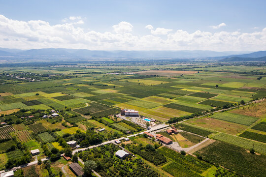 Telavi view from the helicopter, high angle view of the village and fields, Georgian country
