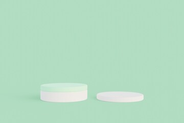 Minimalist white cylinder podium pedestal product display on green pastel background 3d rendering