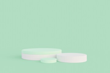 Minimalist white cylinder podium pedestal product display on green pastel background 3d rendering