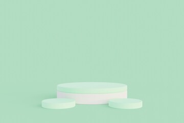 Minimalist white cylinder podium pedestal product display on green pastel background 3d rendering