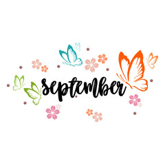 welcome september. september design with colourful butterflies. suitable for card or banner. hello september. september. new month. - obrazy, fototapety, plakaty