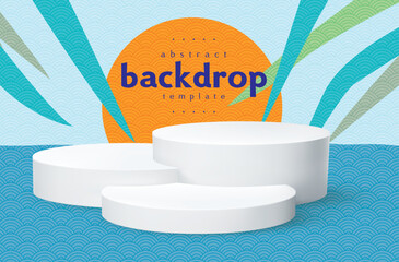 modern art sphere podium with grass leaf and sunrise on blue abstract background can be use for brochure template travel advertisement product label for food and beverage website banner vector eps.