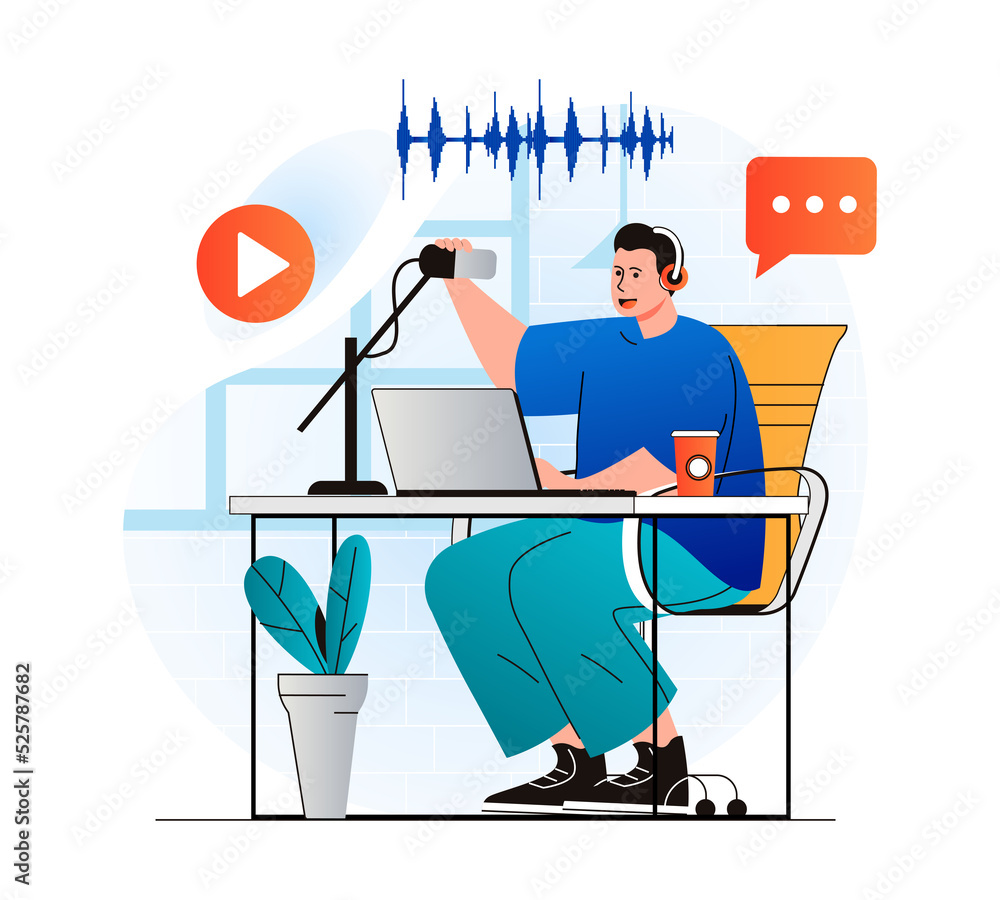 Aufkleber Podcast streaming concept in modern flat design. Man talking in microphone at live radio show at studio. Blogger in live broadcasting and communicates with listeners using laptop. Web illustration